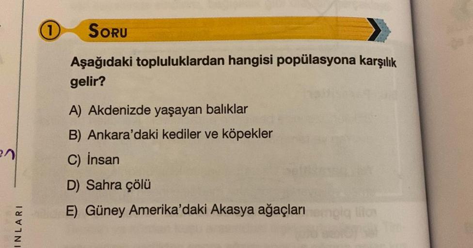 1
SORU
Aşağıdaki topluluklardan hangisi popülasyona karşılık
gelir?
A) Akdenizde yaşayan balıklar
B) Ankara'daki kediler ve köpekler
27
C) İnsan
D) Sahra çölü
E) Güney Amerika'daki Akasya ağaçları
INLARI