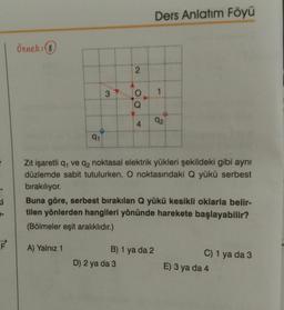 Ders Anlatım Föyü
Örnek:8
2
3
1
00
92
4
91
Zit işaretli q, ve q2 noktasal elektrik yükleri şekildeki gibi aynı
düzlemde sabit tutulurken, O noktasındaki Q yükü serbest
bırakılıyor.
Buna göre, serbest bırakılan Q yükü kesikli oklarla belir-
tilen yönlerden hangileri yönünde harekete başlayabilir?
(Bölmeler eşit aralıklıdır.)
ki
A) Yalnız 1
B) 1 ya da 2
D) 2 ya da 3
C) 1 ya da 3
E) 3 ya da 4