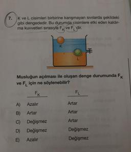 7.
Kve L cisimleri birbirine karışmayan sivilarda şekildeki
gibi dengededir. Bu durumda cisimlere etki eden kaldır-
ma kuvvetleri sırasıyla Fk ve FL dir.
K
Musluğun açılması ile oluşan denge durumunda FK
ve F için ne söylenebilir?
FK
FL
A)
Azalır
Artar
B)
Artar
Artar
Artar
C) Değişmez
D) Değişmez
Değişmez
E)
Azalır
Değişmez
