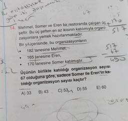 1
67
Bu enitsizlikler
göre iki, dogrumes
165
123
s17
SIZ
67
14. Mehmet, Somer ve Eren bir restoranda çalışan üç
şeftir. Bu üç şeften en az ikisinin katılımıyla organi-
zasyonlara yemek hazırlanmaktadır.
Bir yıl içerisinde, bu organizasyonların
182 tanesine Mehmet,
165 tanesine Eren,
170 tanesine Somer katılmıştır.
ng
=+2
Üçünün birlikte katıldığı organizasyon sayısı
67 olduğuna göre, sadece Somer ile Eren'in ka-
tidlığı organizasyon sayısı kaçtır?
E) 60
A) 33
B) 43 C) 53m D) 55
dret
