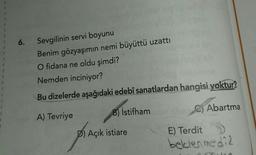 6.
Sevgilinin servi boyunu
Benim gözyaşımın nemi büyüttü uzattı
O fidana ne oldu şimdi?
Nemden inciniyor?
1
1
Bu dizelerde aşağıdaki edebî sanatlardan hangisi yoktur?
C) Abartma
7
7
B) İstifham
A) Tevriye
D) Açık istiare
E) Terdit
beklenmedia