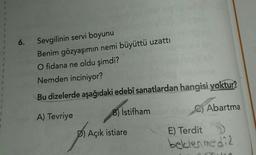 6.
Sevgilinin servi boyunu
Benim gözyaşımın nemi büyüttü uzattı
O fidana ne oldu şimdi?
Nemden inciniyor?
1
1
Bu dizelerde aşağıdaki edebî sanatlardan hangisi yoktur?
C) Abartma
7
7
B) İstifham
A) Tevriye
D) Açık istiare
E) Terdit
beklenmedia
