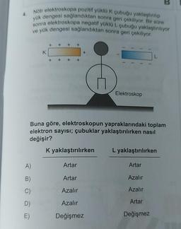 4.
Nötr elektroskopa pozitif yüklü K çubuğu yaklaştırılıp
yük dengesi sağlandıktan sonra geri çekiliyor. Bir süre
sonra elektroskopa negatif yüklo L çubuğu yaklaştırılıyor
ve yük dengesi sağlandıktan sonra geri çekiliyor.
+
+
+
+
K
+
+
+
+
+
Elektroskop
Buna göre, elektroskopun yapraklarındaki toplam
elektron sayısı; çubuklar yaklaştırılırken nasıl
değişir?
K yaklaştırılırken L yaklaştırılırken
A)
Artar
Artar
B)
Artar
Azalır
C)
Azalır
Azalır
D)
Azalır
Artar
E)
Değişmez
Değişmez