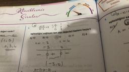 Önce
Orta-Zor
orta
Tanill
Lazım
Kolay-Orta
Rejo7
x
Klasiklesmis
Sorular
(5-x).
9.
eşitsizliğini sa
B
x+3
S
> 0
-
>
5.
WO-
A) 3
6-X
değeri vardır?
X =
DL5
El
(1,5)
2,3,4
3
eşitsizliğini sağlayan tam sayı değerleri toplamı kaçtır?
A) 10
B) 13 C) 12
)
D) 11 E8
x = - 3
x = 6
-3
6
+
p
1-3,0)
(x + 7). (x-3)