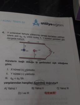 KONU TESTI 02
atölyeeğitim
4. V potansiyel farkayla yüklenmiş paralel lethalara yalitan
iplerie asil ay yüksia özdeş X, Y küreleri yerdeki gibi
dengede kalyor
T
T
Kürelerin bağlı olduğu ip gerilmeleri eşit olduğuna
göre;
LX küresi (+ yüklüdür.
IL Y küresi yüklüdür.
III. x < Qy'dir.
yargılanndan hangileri kesinlikle doğrudur?
A) Yalnız!
B) Yalnız il
C) Yalnız
DI ve III
E) Il ve Il
