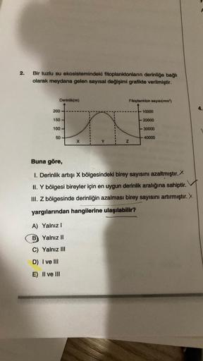 2.
Bir tuzlu su ekosistemindeki fitoplanktonların derinliğe bağlı
olarak meydana gelen sayısal değişimi grafikte verilmiştir.
Derinlik(m)
Fitoplankton sayıs (mm)
4.
200
10000
150 -
20000
100 -
30000
50
40000
X
Y
Z
Buna göre,
1. Derinlik artışı X bölgesinde