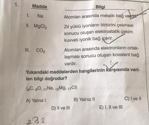 1.
Madde
Bilgi
I.
Na
II. MgCl2
Atomları arasında metalik bağ vandr.
Zit yüklü iyonların birbirini çekmesi
sonucu oluşan elektrostatik çekim
kuvveti iyonik bağ içerir.
Atomları arasında elektronların ortak-
laşması sonucu oluşan kovalent bağ
vardır.
Yukarıd