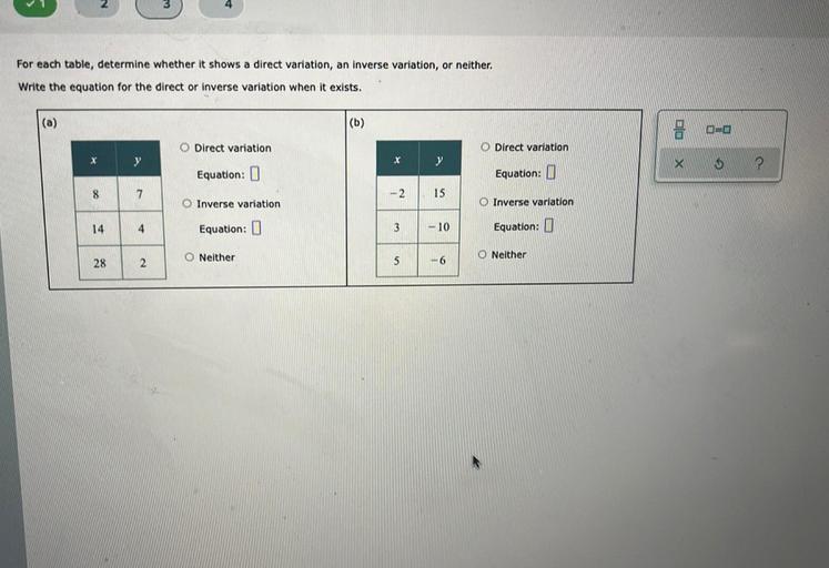For each table, determine whether it shows a direct var... Math