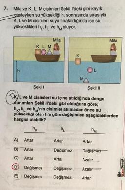 7.
Mila ve K, L, M cisimleri Şekil I'deki gibi kayık
içindeyken su yüksekliği h, sonrasında sırasıyla
K, L ve M cisimleri suya bırakıldığında ise su
yükseklikleri hk, n ve hm oluyor.
Mila
Mila
K L M
K
h
OL
M
MA
Şekil 1
Şekil 11
KL ve M cisimleri su içine atıldığında denge
durumları Şekil II'deki gibi olduğuna göre;
hk h, ve hm'nin cisimler atılmadan önce su
yüksekliği olan h'a göre değişimleri aşağıdakilerden
hangisi olabilir?
hk
h
AM
A)
Artar
Artar
Artar
B)
Artar
Değişmez
Değişmez
C)
Artar
Artar
Azalır
D)
Değişmez
Değişmez
Azalır
Kafa Dengd
E)
Değişmez
Değişmez
Artar
