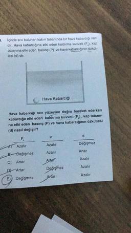 3. içinde sıvı bulunan kabin tabanında bir hava kabarcığı var-
dir. Hava kabarcığına etki eden kaldırma kuvveti (F). kap
tabanına etki eden basınç (P) ve hava kabarcığının özkut-
lesi (d) dir.
Hava Kabarcığı
Hava kabarcığı sivi yüzeyine doğru hareket ederken
kabarcığa etki eden kaldırma kuvveti (F), kap tabanı-
na etki eden basınç (P) ve hava kabarcığının özkütlesi
(d) nasıl değişir?
d
F
P
K
Azalır
Değişmez
A)
Azalır
Azalır
Artar
B) Değişmez
Anar
Azalır
C) Artar
Değişmez
Azalır
D) Artar
Artar
Azalır
E)) Değişmez
