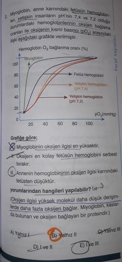 anne karnındaki fetüsün hemoglobin-
2. Miyoglobin,
leri, yetişkin insanların pH'nin 7,4 ve 7,2 olduğu
durumlardaki hemoglobinlerinin oksijen bağlama
oranları ile oksijenin kısmi basinci (po, arasındaki
ilişki aşağıdaki grafikte verilmiştir.
Hemoglobin O2 b