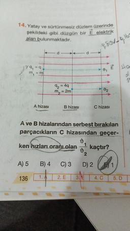 14. Yatay ve sürtünmesiz düzlem üzerinde
şekildeki gibi düzgün bir E elektrik
alan bulunmaktadır.
psov - Ribe
d
e d
189, =q
E
01
m
= m
ol
2 = 49
m2 = 2m
02
A hizası
B hizası
Chizası
A ve B hizalarından serbest bırakılan
parçacıkların C hizasından geçer-
0
ken hızları oranı olan
1
kaçtır?
2
A) 5
B) 4
C) 3
D) 2
1
136
1. A
2. E
3.IE
4. C
5. D