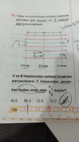 14. Yatay ve sürtünmesiz düzlem üzerinde
şekildeki gibi düzgün bir E elektrik
alan bulunmaktadır.
psov - Ribe
d
e d
189, =q
E
01
m
= m
ol
2 = 49
m2 = 2m
02
A hizası
B hizası
Chizası
A ve B hizalarından serbest bırakılan
parçacıkların C hizasından geçer-
0
ken hızları oranı olan
1
kaçtır?
2
A) 5
B) 4
C) 3
D) 2
1
136
1. A
2. E
3.IE
4. C
5. D
