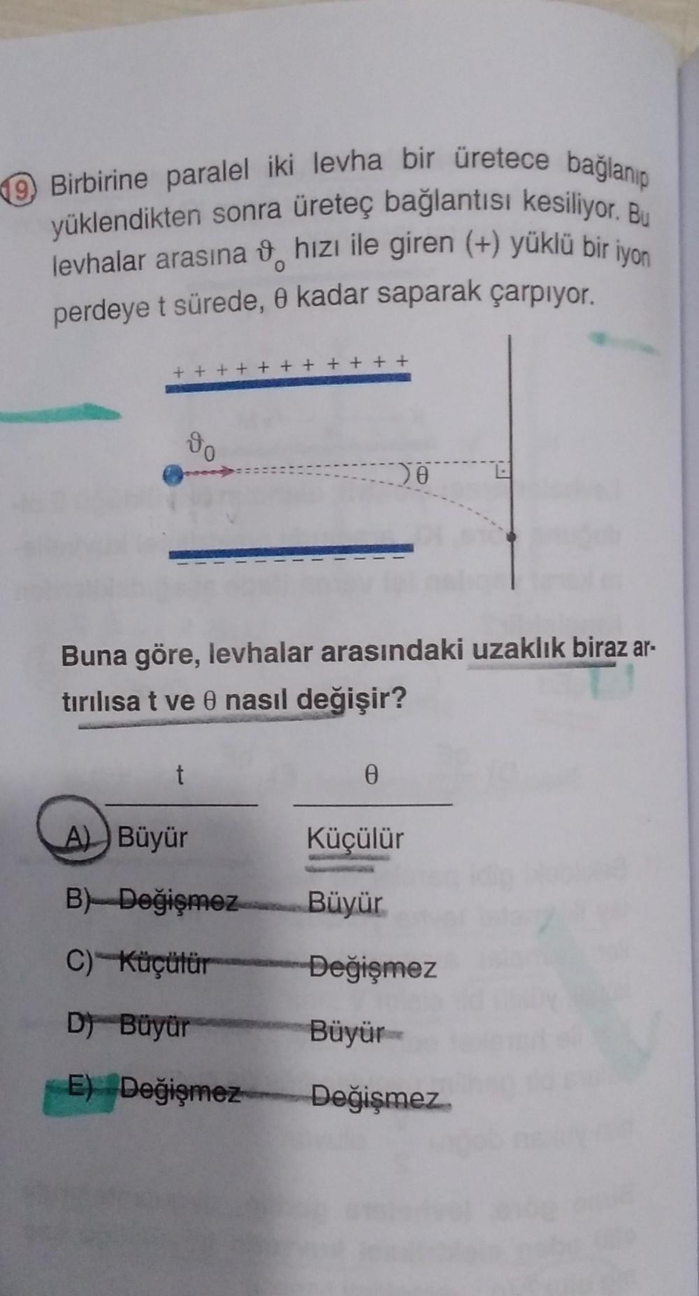 Birbirine paralel iki levha bir üretece bağlanıp
yüklendikten sonra üreteç bağlantısı kesiliyor. Bu
levhalar arasına o hizi ile giren (+) yüklü bir iyon
perdeye t sürede, e kadar saparak çarpıyor.
+ + + + + + +
go
> 0
Buna göre, levhalar arasındaki uzaklık