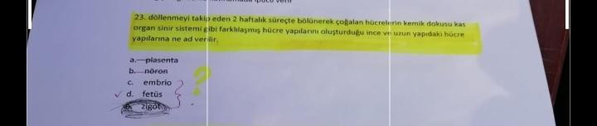 23. döllenmeyi takip eden 2 haftalik süreçte bölünerek çoğalan hücrelerin kemik dokusu kas
organ sinir sistemi gibi farklılaşmış hücre yapılan olusturdugu ince vun yapıdaki hücre
yapılarına ne ad verilir
a. plasenta
b. nöron
c embrio
✓ d. fetüs
Zigon