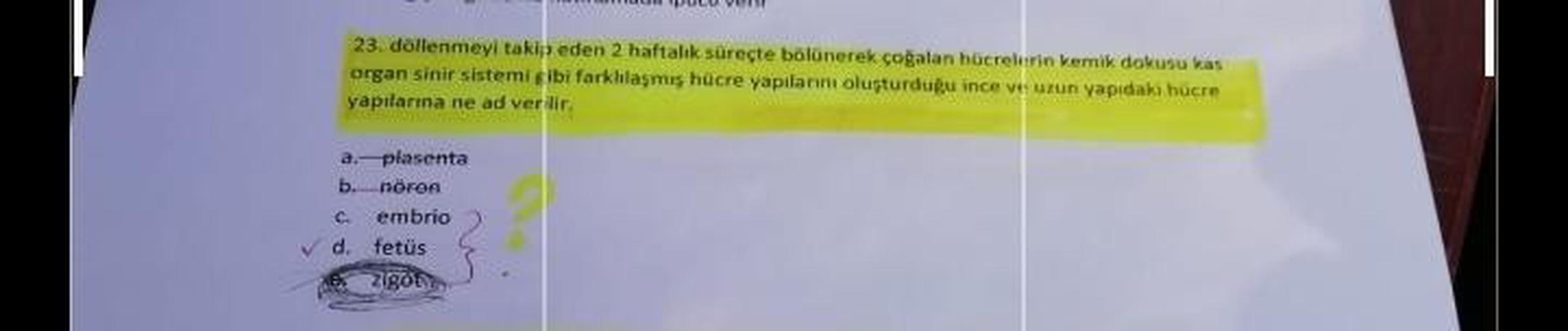 23. döllenmeyi takip eden 2 haftalik süreçte bölünerek çoğalan hücrelerin kemik dokusu kas
organ sinir sistemi gibi farklılaşmış hücre yapılan olusturdugu ince vun yapıdaki hücre
yapılarına ne ad verilir
a. plasenta
b. nöron
c embrio
✓ d. fetüs
Zigon
