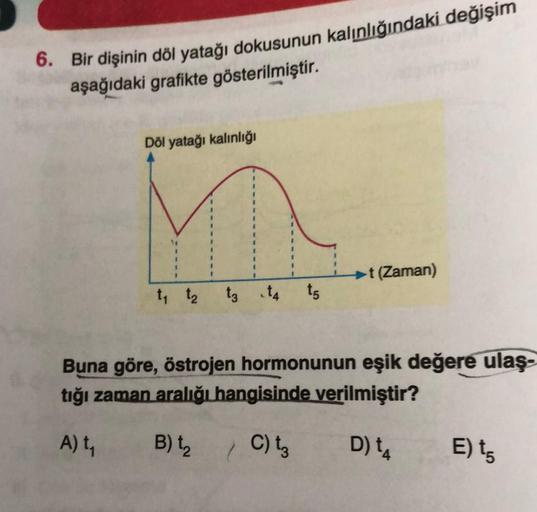 6. Bir dişinin döl yatağı dokusunun kalınlığındaki değişim
aşağıdaki grafikte gösterilmiştir.
Dôl yatağı kalınlığı
(Zaman)
t, tz tz ta to
,
ts
Buna göre, östrojen hormonunun eşik değere ulaş.
tığı zaman aralığı hangisinde verilmiştir?
Aty
B) tz
C) tz
D) 4
