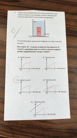 1. Düşey kesiti şekildeki gibi olan silindir şeklindeki kapta
bulunan türdeş siviya yavaşça bırakılan dikdörtgenler
prizması şeklindeki K cismi batarak dengeleniyor.
SIVI
K
tipa
t=0 anında tipanin açılmasıyla başlayan sivi akışı tanında
duruyor.
Buna göre, (0 - t) zaman aralığında kap tabanının K
cismine uyguladığı tepki kuvvetinin zamanla değişim
grafiği aşağıdakilerden hangisi olabilir?
A) Tepki kuvveti
B) Tepki kuvveti
Zaman
Zaman
0
t
C) Tepki kuvveti
D) Tepki kuvveti
Ft
→ Zaman
Zaman
t
t
E) Tepki kuvveti
Zaman
