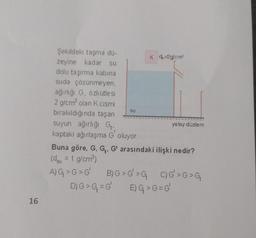 Şekildeki taşma du-
Kk-2g/cm
zeyine kadar su
dolu taşırma kabina
suda çözünmeyen
ağırlığı G. Özkütlesi
2 g/cm olan K cismi
bırakıldığında taşan
suyun ağırlığı
yatay düzlem
kaptaki ağırlaşma G oluyor
Buna göre, G, G, G' arasındaki ilişki nedir?
(d, = 1 g/cm
su
A)G>G>
GB)G>G'>Q OG'>G>G
D)G>G = 6' E)G>G=G!
16
