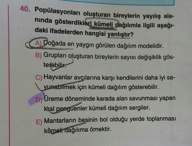 40. Popülasyonları oluşturan bireylerin yayılış ala-
ninda gösterdikleri kümeli dağılımla ilgili aşağı-
daki ifadelerden hangisi yanlıştır?
A) Doğada en yaygın görülen dağılım modelidir.
B) Grupları oluşturan bireylerin sayısı değişiklik gös-
terebilir.
C)