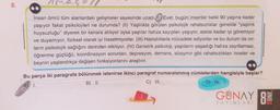 00
İnsan ömrü tüm alanlardaki gelişmeler sayesinde uzadı. (1) Evet, bugün insanlar belki 90 yaşına kadar
yaşıyor fakat psikolojileri ne durumda? (II) Yaşlılıkta görülen psikolojik rahatsızlıklar genelde “yaşlılık
huysuzluğu” diyerek bir kenara atılıyor oysa yaşlılar hafıza kayıpları yaşıyor, eskisi kadar iyi göremiyor
ve duyamıyor, fiziksel olarak iyi hissetmiyorlar. (III) Hastalıklarla mücadele ediyorlar ve bu durum da on-
ların psikolojik sağlığını derinden etkiliyor. (IV) Geriatrik psikoloji, yaşlıların yaşadığı hafıza zayıflaması,
öğrenme güçlüğü, koordinasyon sorunları, depresyon, demans, alzaymır gibi rahatsızlıkları inceler ve
beynin yaşlandıkça değişen fonksiyonlarını araştırır.
Bu parça iki paragrafa bölünmek istenirse ikinci paragraf numaralanmış cümlelerden hangisiyle başlar?
C) III.
D) IV.
I.
B) II.
3
GUNAY
82
YAYINLARI
