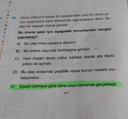 Y
Z->
N
E
Y 20. Deniz yıldızının kopan bir parçasından yeni bir deniz yıl-
dizi oluşumuna canli düzeyinde rejenerasyon denir. Bu
olay bir eşeysiz üreme şeklidir.
Bu üreme şekli için aşağıdaki yorumlardan hangisi
yapılamaz?
i
A) Bu olay mitoz esasına dayanır
B) Bu üreme olayında farklılaşma görülür
C) Yeni oluşan deniz yıldızı kalıtsal olarak ata deniz
yıldızı ile aynıdır.
D) Bu olay sırasında çeşitlilik varsa bunun nedeni mu-
tasyondur.
E)
Eşeyli üremeye göre daha uzun zamanda gerçekleşir.
