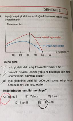 DENEME 2
5.
Aşağıda ışık şiddeti ve sıcaklığın fotosentez hızına etkisi
gösterilmiştir.
Fotosentez hizi
Yüksek ışık şiddeti
Düşük ışık şiddeti
Sıcaklık °C
10
20
30
40
50
60
Buna göre,
V. Işık şiddetindeki artış fotosentez hızını artırır.
ll, Yüksek sıcaklık enzim yapısını bozduğu için foto-
sentez hızını olumsuz etkiler.
11. Işık şiddetinin belirli bir değerden sonra artışı foto-
sentez hızını olumsuz etkiler.
ifadelerinden hangilerine ulaşır?
A) Yalnız!
B) Yalnız II
C) I ve II
D) I ve III
E) I, II ve III
