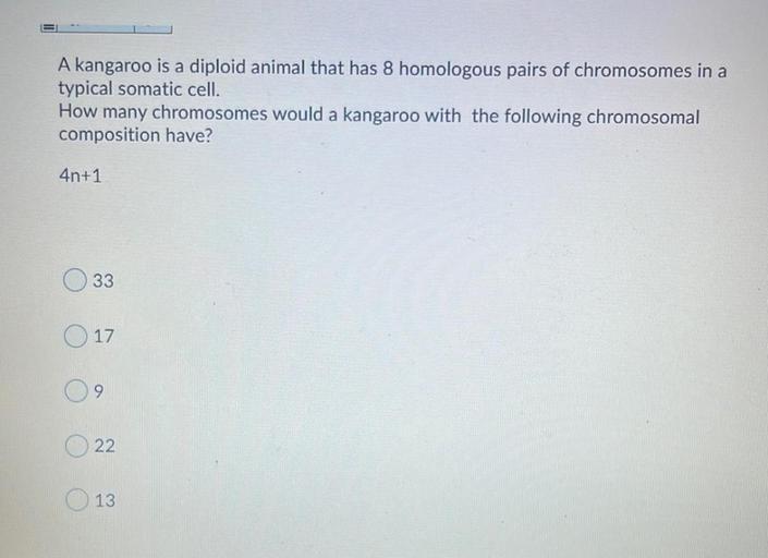 A kangaroo is a diploid animal that has 8 homologous pairs of chromosomes in a
typical somatic cell.
How many chromosomes would a kangaroo with the following chromosomal
composition have?
4n+1
33
17
22
13
