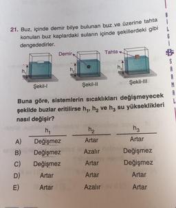 21. Buz, içinde demir bilye bulunan buz ve üzerine tahta
konulan buz kaplardaki suların içinde şekillerdeki gibi
dengededirler.
B
1
L
G
Demir
Tahta
hy
he
2
Şekil-11
Şekil 1
Şekil-111
A
B
M
A
L
Buna göre, sistemlerin sıcaklıkları değişmeyecek
şekilde buzlar eritilirse hy, hq ve hz su yükseklikleri
nasıl değişir?
h
h₂
hz
Artar
Artar
A)
B)
Değişmez
Değişmez
Azalır
Değişmez
Değişmez
)
C)
Değişmez
Artar
Artar
Artar
Artar
D)
E)
Artar
Azalır
Artar
