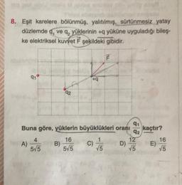 8. Eşit karelere bölünmüş, yalıtılmış, sürtünmesiz yatay
düzlemde q, ve q, yüklerinin +q yüküne uyguladığı bileş-
ke elektriksel kuvvet F şekildeki gibidir.
F
91
+9
q2
91
Buna göre, yüklerin büyüklükleri oranı kaçtır?
92
4
16
12
16
A)
B)
C)
D)
E)
5/5 55 V5
V5 75
Onn