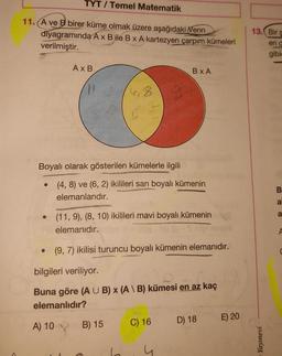 TYT / Temel Matematik
11. (A ve B birer küme olmak üzere aşağıdaki Venn
diyagramında A x B ile B x A kartezyen çarpım kümeleri
verilmiştir.
13. Bir
en c
gibid
AxB.
BXA
6,8
2
u
Boyalı olarak gösterilen kümelerle ilgili
(4,8) ve (6,2) ikilileri sarı boyalı kümenin
elemanlarıdır.
B
a
a
• (11,9), (8, 10) ikilileri mavi boyalı kümenin
elemanıdır.
A
• (9, 7) ikilisi turuncu boyalı kümenin elemanıdır.
C
bilgileri veriliyor.
Buna göre (A U B) x (A \ B) kümesi en az kaç
elemanlıdır?
E) 20
D) 18
A) 10
B) 15
C) 16
Yayınevi
