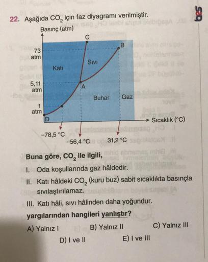 sca
22. Aşağıda CO için faz diyagramı verilmiştir.
Basınç (atm)
C
B
73
atm
Sivi
Kati
5,11
atm
A
Buhar
Gaz
1
atm
Sıcaklık (°C)
-78,5 °C
-56,4 °C
31,2 °C
2
Buna göre, Co, ile ilgili,
1. Oda koşullarında gaz hâldedir.
II. Katı hâldeki CO, (kuru buz) sabit sıc