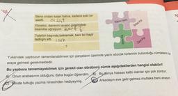 16.
nel
18
Kalıcı isim
Sifat-Fil
Bana ondan kalan hatıra, sadece eski bir
saatti. sifat
Yönetici, dairenin lavabo giderindeki
tikanıkla uğraşıyor. 2arf
Telefon başında beklemek, beni bir hayli
tedirgin etti. isim
Isim-Fiil
Zarf-Fil
?
Yukarıdaki yapbozun tamamlanabilmesi için parçaların üzerinde yazılı sözcük türlerinin bulunduğu cümlelerin bir
araya gelmesi gerekmektedir.
Bu yapbozu tamamlayabilmek için gerekli olan dördüncü cümle aşağıdakilerden hangisi olabilir?
AV Onun arabasının olduğunu daha bugün öğrendim. B) Bu dünya hassas kalbi olanlar için çok zordur,
C Blinde tuttuğu yazma ninesinden hediyeymiş.
Arkadaşın eve gelir gelmez mutlaka beni arasın.
