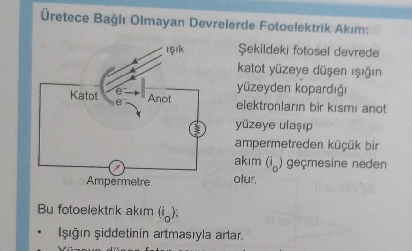 Üretece Bağlı Olmayan Devrelerde Fotoelektrik Akim:
işik
Şekildeki fotosel devrede
katot yüzeye düşen işığın
TH
yüzeyden kopardığı
Katot
Anot
elektronların bir kısmı anot
yüzeye ulaşıp
ampermetreden küçük bir
akım (7) geçmesine neden
olur.
Ampermetre
e
ww