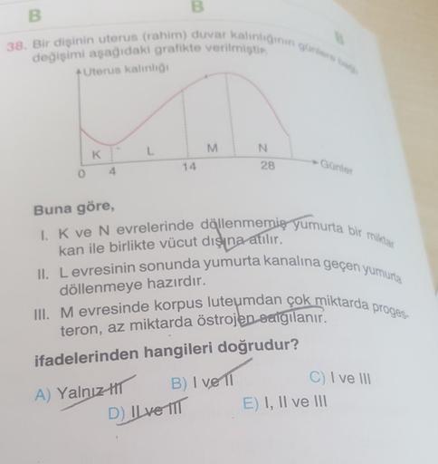 B
B
38. Bir dişinin uterus (rahim) duvar kalinligining
değişimi aşağıdaki grafikte verilmiştir
Uterus kalini
L
M
N
KM
0
28
14
Günler
4
Buna göre,
kan ile birlikte vücut dışına atılır.
1. K ve N evrelerinde döllenmemiş yumurta bir miktar
II. Levresinin sonu