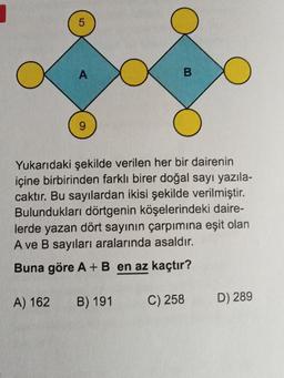 5
A
B
9
Yukarıdaki şekilde verilen her bir dairenin
içine birbirinden farklı birer doğal sayı yazıla-
caktır. Bu sayılardan ikisi şekilde verilmiştir.
Bulundukları dörtgenin köşelerindeki daire-
lerde yazan dört sayının çarpımına eşit olan
A ve B sayıları aralarında asaldır.
Buna göre A+B en az kaçtır?
A) 162
B) 191
C) 258
D) 289