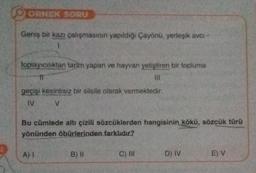 ÖRNEK SORU
Geniş bir kazı çalışmasının yapıldığı Çayönü, yerleşik avci
1
toplayıcılıktan tarum yapan ve hayvan yetiştiren bir topluma
IT
TEL
geçişi kesintisiz bir silsile olarak vermektedir.
IV V
Bu cümlede altı çizili sözcüklerden hangisinin
kökü, sözcük türü
yönünden öbürlerinden farklıdır?
A) 1
B)
C) IN
D) IV
E) V
