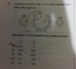 8. -6q yüklü X küresine, nötr Y ve z küresi şekildeki gibi
iletken telle bağlanıyor.
9x = -69)
Nötr
Nötr
2r
3r
r
Z
Y
Mötr
Buna göre, Y ve Z kürelerinin son yükleri ne olur?
Y
N
-9
A) 29
B) -3q/2
Nötr
C)
Nötr
Nötr
D)
-
-39
-29
E)
ta
+
