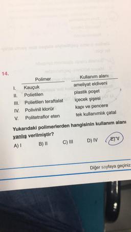 14.
Polimer
Kullanım alanı
1. Kauçuk
ameliyat eldiveni
II. Polietilen
plastik poşet
III. Polietilen teraftalat içecek şişesi
IV. Polivinil klorür
kapı ve pencere
V.
Politetraflor eten tek kullanımlık çatal
Yukarıdaki polimerlerden hangisinin kullanım alanı
yanlış verilmiştir?
A) B) 11
C) III
D) IV EJV
Diğer sayfaya geçiniz
