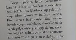 Görsem görsem, lastik çizmeleriyle
karanlık suları cumbuldata cumbuldata
hasır kokularının içinden çıkıp gelen bir
grup adam görürdüm bunların yerine.
Kimi zaman birbirleriyle, kimi zaman
havada uçuşan vizıltılarla, kimi zaman da
kendi gölgeleriyle şakalaşıp duran, yaka-
ları bağırları açılmış geniş alınlı adamlar-
di bunlar ve çın çın öten sesleriyle tıpkı