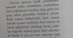 Görsem görsem, lastik çizmeleriyle
karanlık suları cumbuldata cumbuldata
hasır kokularının içinden çıkıp gelen bir
grup adam görürdüm bunların yerine.
Kimi zaman birbirleriyle, kimi zaman
havada uçuşan vizıltılarla, kimi zaman da
kendi gölgeleriyle şakalaşıp duran, yaka-
ları bağırları açılmış geniş alınlı adamlar-
di bunlar ve çın çın öten sesleriyle tıpkı
