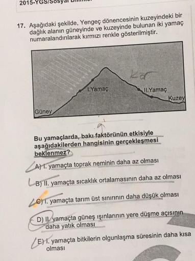 2015-YGS/S
17. Aşağıdaki şekilde, Yengeç dönencesinin kuzeyindeki bir
dağlık alanın güneyinde ve kuzeyinde bulunan iki yamaç
numaralandırılarak kırmızı renkle gösterilmiştir.
eo
1. Yamaç
Jl. Yamaç
Kuzey
Güney
Bu yamaçlarda, bakı faktörünün etkisiyle
aşağıd