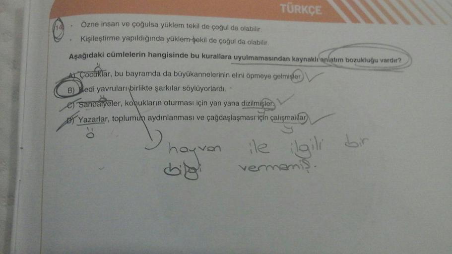 TÜRKÇE
Özne insan ve çoğulsa yüklem tekil de çoğul da olabilir.
Kişileştirme yapıldığında yüklem fekil de çoğul da olabilir.
Aşağıdaki cümlelerin hangisinde bu kurallara uyulmamasından kaynaklı anlatım bozukluğu vardır?
Çocuklar, bu bayramda da büyükannele