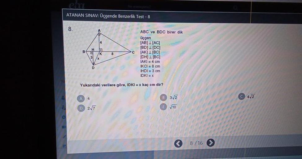 ATANAN SINAV gende Benzerlik Test 8 8 B Lise Matematik