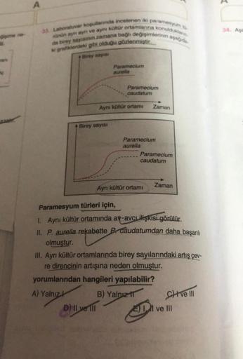 A
34 A
isime ne
33. Laboratuvar
kannda incelenen iki paramesyum
da birey yanan zamana bağh değişimlerinin aşagıda
ann aynı ayni ve ayr kültür ortamlarına konuldukan
A grafiklerdeki gibi olduğu gözlenmiştir.
Birey sayisi
Paramecium
aurelia
Paramecium
caudat