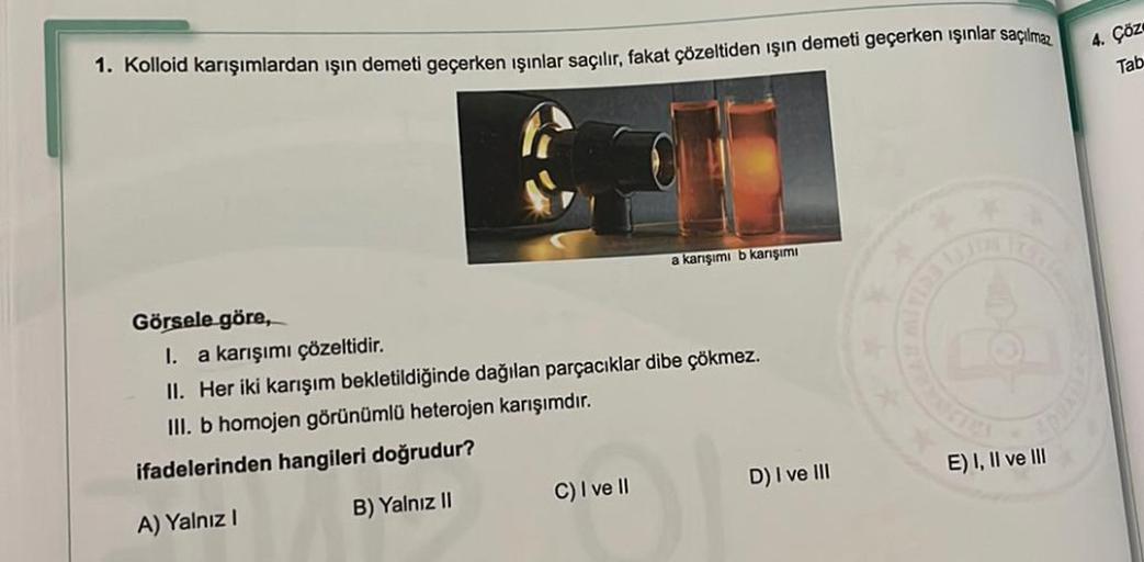 4. Çöz
1. Kolloid karışımlardan işın demeti geçerken ışınlar saçılır, fakat çözeltiden işın demeti geçerken ışınlar saçılmaz
Tab
a karışımı b karışimi
Görsele göre,
I. a karışımı çözeltidir.
II. Her iki karışım bekletildiğinde dağılan parçacıklar dibe çökm