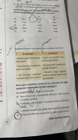 denir.
mur suyuna
sri
III. Bir malı üretmek için ihtiyaç duyulan yüzey ve yer
altı tatlı su kaynaklarının toplam hacmine denir.
ifadelerinin su ayak izi bileşenleri ile dogru eşleşti-
rilmesi aşağıdakilerin hangisinde verilmiştir?
1
11
A)
B)
5
Gri
Mavi
Yeşil
Gri
Mavi
Yeşil
Gri
Yeşil
Gri
Mavi
Mavi
Mavi
Yeşil
Yeşil
E)
Gri
Callus sias
wo
OB SPA
a bitti
nare
16. Aşağıda iki farklı hücre tipinin bazı özellikleri verilmiştir.
mi
er
K Hücresi
L Hücresi
.
• Selüloz yapılı hücre duvar
bulundurur.
Hücre içi sindirim lizo-
zomda gerçekleşir.
O
r.
ce
.
Kloroplastları sayesinde • Sentrozomları sayesinde
besin sentezler.
iğ ipliği oluşturur.
Kendine özgü organik
Dik durmayı sağlayan
polimer sentezi ribozomda
merkezî koful bulundurur.
gerçekleşir.
er.
ari
ku.
Laarvan
ve
el-
Buna göre, özellikleri verilen k ve L hücreleri ile ilgili
aşağıdaki ifadelerden hangisi yanlıştır?
At K bitki hücresi, L hayvan hücresidir.
B) Hem Khem de L hücresinde difüzyon, aktif taşıma
ve osmoz görülür.
K hücresi ışık enerjisin kimyasal enerjiye dönüştü-
rebilir.
16.
SY
D) L hücresi endositozla aldığı besinleri parçalayabilir.
E) Khücresi bölünme sırasında iğ ipliği oluşturamaz.
suk
Diğer Sayfaya Geçiniz.
31
