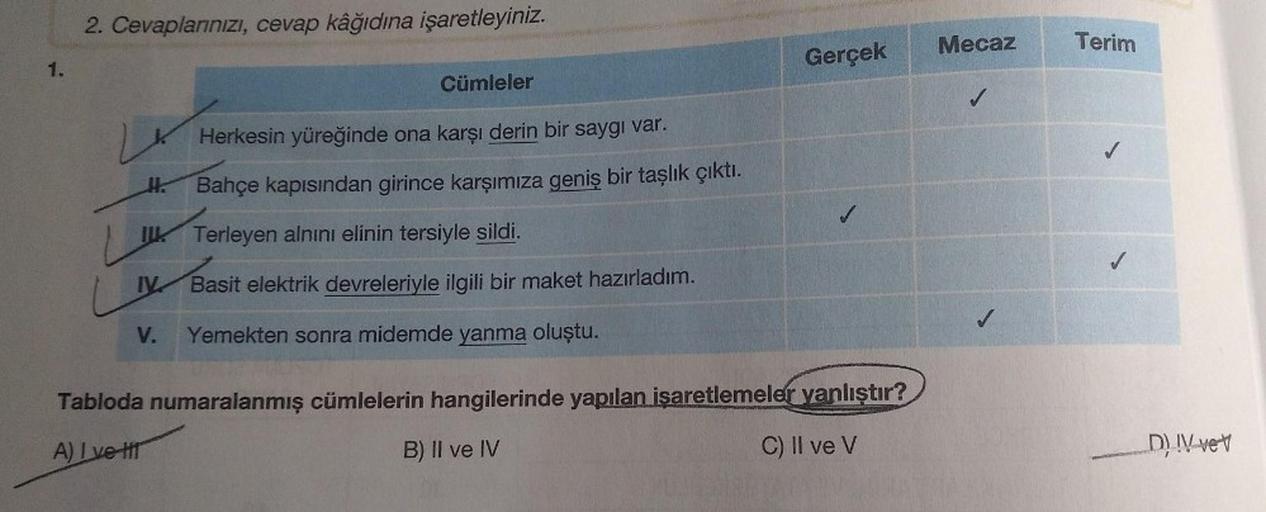 2. Cevaplarınızı, cevap kâğıdına işaretleyiniz.
Mecaz
Terim
Gerçek
1.
Cümleler
Herkesin yüreğinde ona karşı derin bir saygı var.
Bahçe kapısından girince karşımıza geniş bir taşlık çıktı.
IIK Terleyen alnını elinin tersiyle sildi.
✓
LM
IV Basit elektrik de