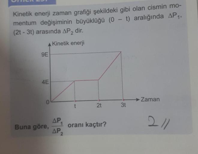 -
Kinetik enerji zaman grafiği şekildeki gibi olan cismin mo-
mentum değişiminin büyüklüğü (0 - t) aralığında AP 11
(2t - 3t) arasında AP, dir.
A Kinetik enerji
9E
4E
→ Zaman
0
2t
3t
AP
Buna göre,
AP2
2 l/
oranı kaçtır?