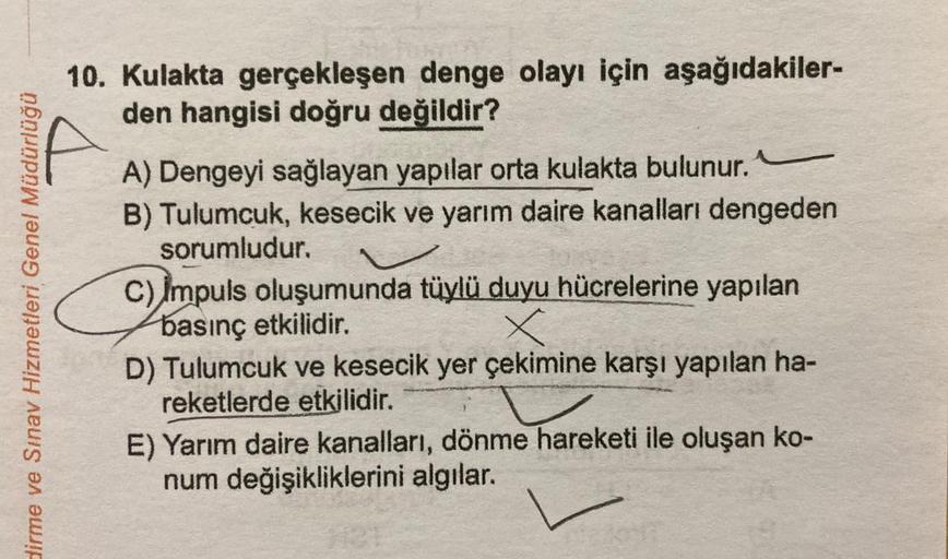 10. Kulakta gerçekleşen denge olayı için aşağıdakiler-
den hangisi doğru değildir?
Birme ve Sınav Hizmetleri Genel Müdürlüğü
A) Dengeyi sağlayan yapılar orta kulakta bulunur.
B) Tulumcuk, kesecik ve yarım daire kanalları dengeden
sorumludur.
C)
Impuls oluş